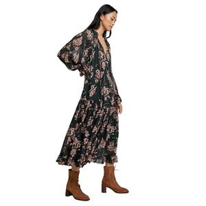 Free People Maxi Dress Womens S Black Floral Feeling Groovy Tiered Boho Sheer